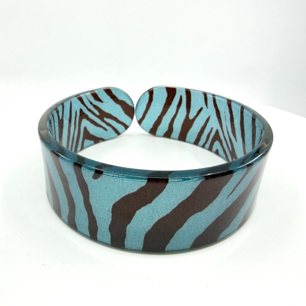 Y2K Blue Brown Zebra Print Resin C-Style Bangle Bracelet Fashion Jewelry